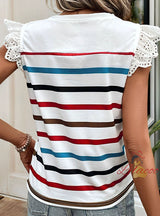 Casual Striped Stitching Lace T-shirt