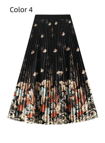 High Waist Slim Printed Pleated Skirt