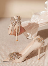 Diamond Bow Tassel Suede Heel Wedding Shoes