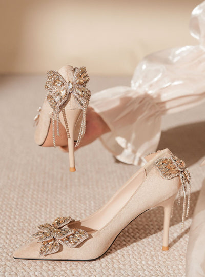 Diamond Bow Tassel Suede Heel Wedding Shoes