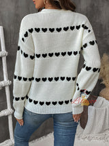 Knitted White Long-sleeved Love Heart Sweater