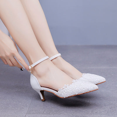 5 cm Thin Heel Pointed White Lace Wedding Shoes