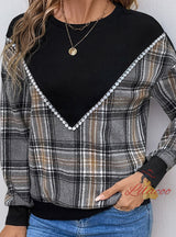 Plaid Sitching Round Neck Top