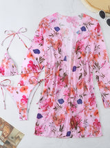 Flower Print Blouses Beach Swimsuit Three-piece Suit