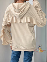 Drawstring Hooded Ruffled Pocket Solid Color Top