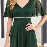 Green V-neck Short Sleeve Prom Dress