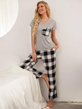 Plaid Heart-shaped Short-sleeved Pajamas Suit