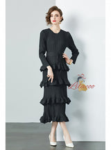 Ruffled Pleated Long Sleeve Slim Dress