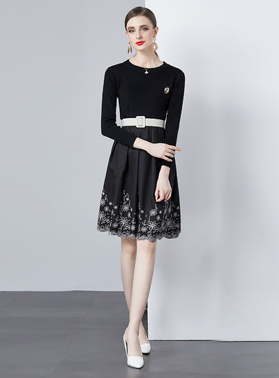 Black Knitted Stitching Printed Pleated Dress