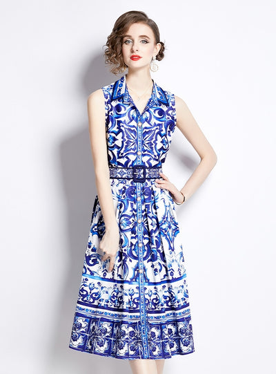 Retro Printed Slim Lapel Sleeveless Dress