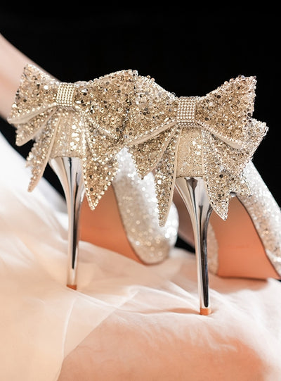 Waterproof Platform Sequined Bow High Heels