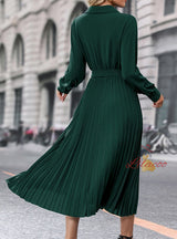 Long Sleeve V-neck Pleats Long Dress