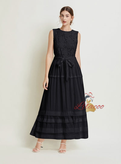 Round Neck Sleeveless Lace Stitching Dress