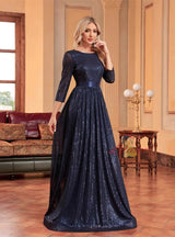 Navy Blue Sequins Short Sleeve Prom Dress