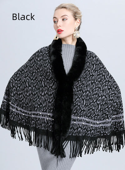 Imitation Fox Fur Collar Leopard Beaded Tassel Knitted Shawl