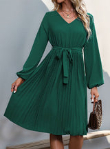 V-neck Long Sleeve Lace-up Dress