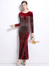 Velvet Rhinestone Long Sleeve Slim Dress