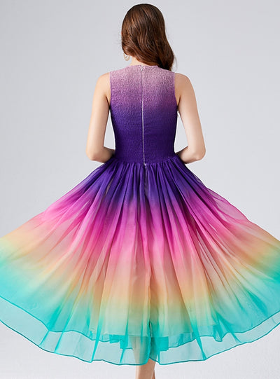 Rainbow Pleats Silm Waist Dress