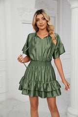 Satin Solid Color Loose V-neck Lotus Leaf Dress