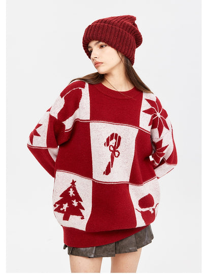 Christmas Pattern Jacquard Round Neck Sweater