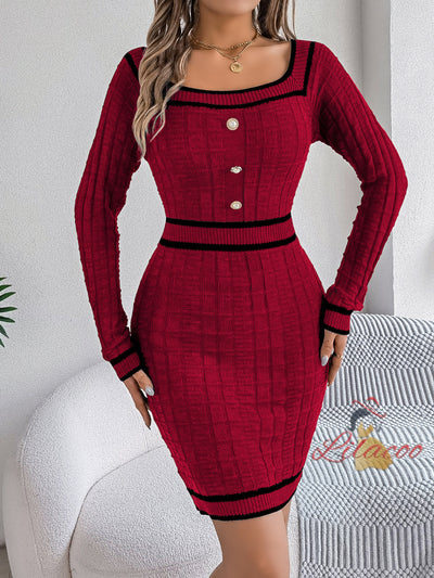 Square Neck Button Long Sleeve Sweater Dress