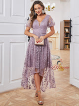 Purple Lace V-neck Puff Sleeve Prom Dress