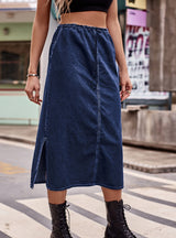 Semi Elastic Waist Drawstring Medium Long Skirt