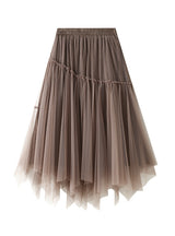 Elastic Waist Beaded Solid Color Long Mesh Skirt