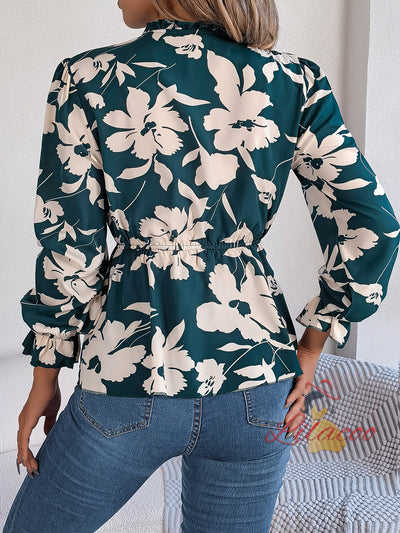 Casual Flower Lace-up Long-sleeved Chiffon Blouse