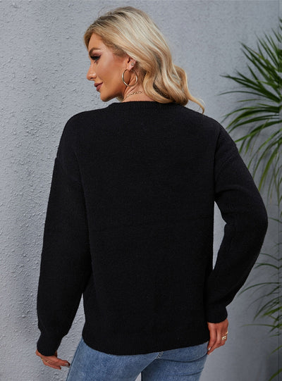 Casual Black Round Neck Letter Sweater