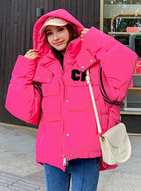 Short Stitching Contrast Loose Hooded Cotton Coat