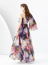 One Shoulder Chiffon Long Sleeve Print Summer Dress