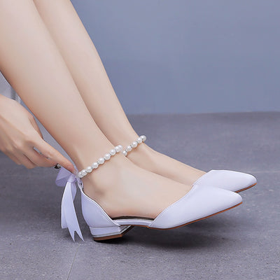 2 cm Flat-heeled Pointed White Satin Beaded Sandals