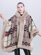 Wool Padded Plaid Hooded Knit Shawl