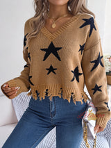 Leisure V-neck Star Long Sleeve Knitted Sweater