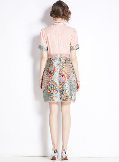 Retro Jacquard Stand Collar Lace Dress