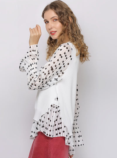 Spliced Chiffon Long Sleeve Round Neck Top