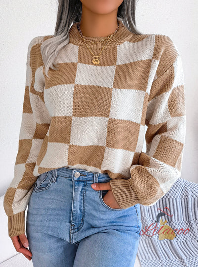 Contrast Check Long Sleeve Knitted Sweater