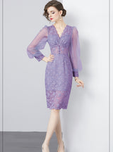 Lace V-neck Long Sleeve Slim Dress