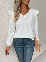 Pullover V-neck Lace Stitching Long Sleeves Top