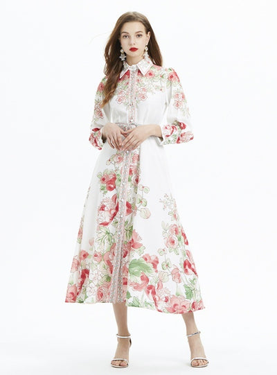 Printed Long-sleeved Button Dress