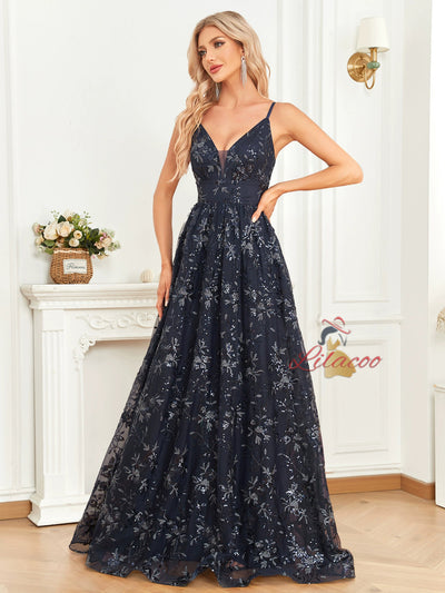 Navy Blue Sequins V-neck Prom Dress