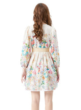 Lace V-neck Lantern Sleeve Pleated Printed Short Dress