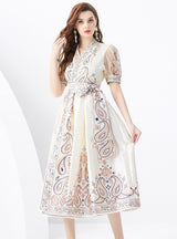 V-neck Lantern Sleeve Retro Print Dress