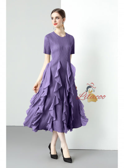 Short-sleeved Slim Ruffled Round Neck Dress