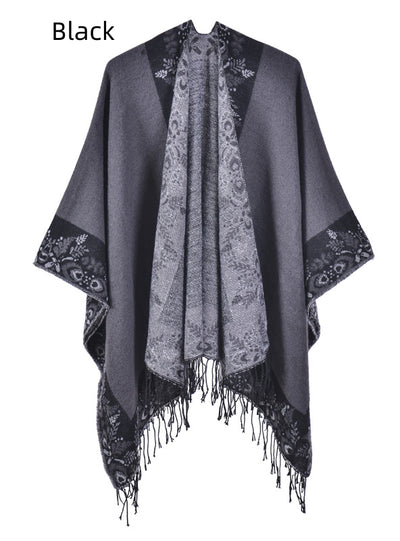 Split Shawl Warm Fringed Cloak Scarf