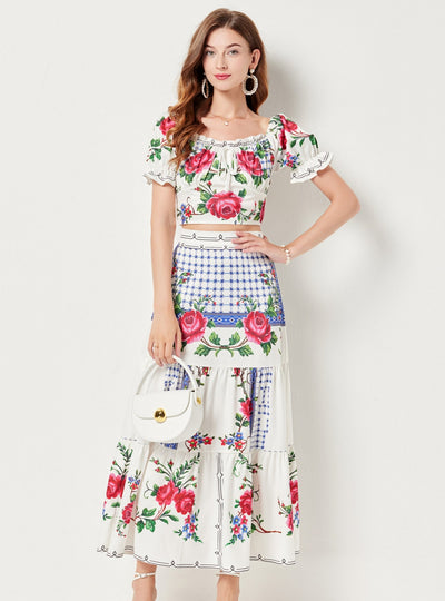 Rose Print Top+Splicing Skirt Two-piece Suit