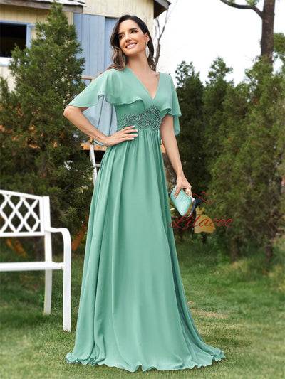 Applique Chiffon Slim Horn Sleeve Prom Dress