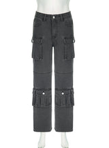 Retro Grey Multi-pocket Straight Slim Jeans