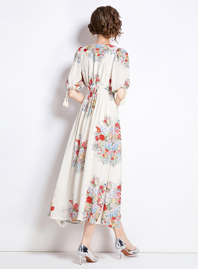 Flower Bubble Sleeves Slim Floral Dress